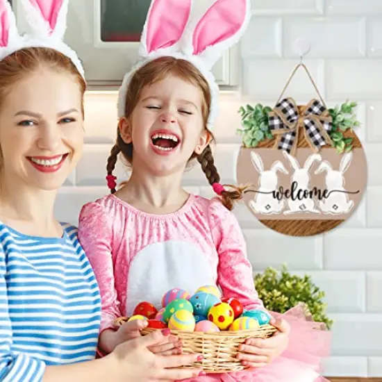 Whaline Easter Wooden Hanging Sign Bunny Rabbit Welcome Sign Door Decoration with Bow Rustic Easter Wood Wreath Sign for Easter Spring Holiday Home Coffee Shop Bakery Farmhouse Window {2}
