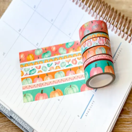 Pastel Boho Teal Pink & Orange Pumpkins Washi Tape Set (#W068) {2}
