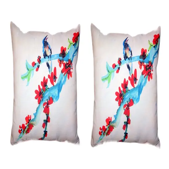 Pair Of Betsy Drake Red Buds & Bird No Cord Pillows 16 X 20 {1}