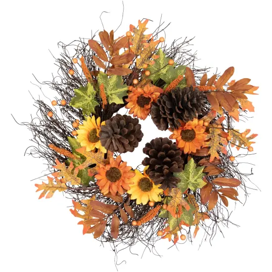 Northlight Sunflowers and Pinecones Artificial Fall Harvest Twig Wreath - 24" Orange {3}
