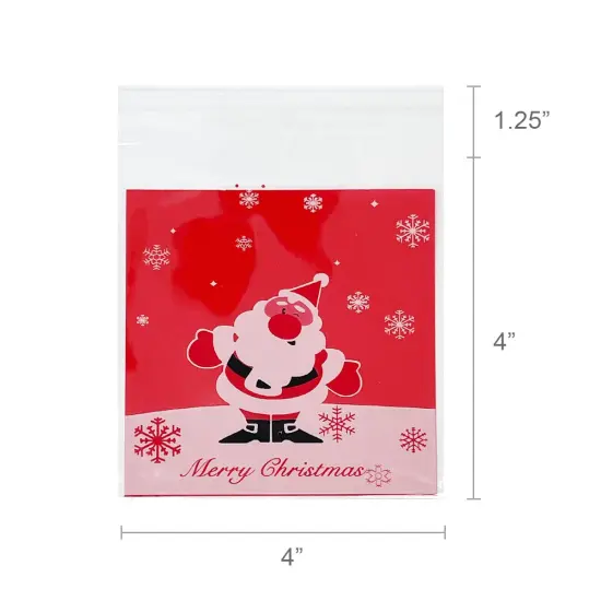 Wrapables Transparent Self-Adhesive 4" x 4" Candy and Cookie Bags, Favor Treat Bags for Christmas Parties and Holidays (200pcs) Snow Falling Santa {4}