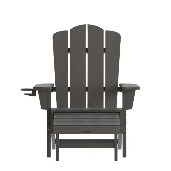 Merrick Lane Nassau Adirondack Chair with Cup Holder and Pull Out Ottoman, All-Weather HDPE Indoor/Outdoor Lounge Chair Gray {3}