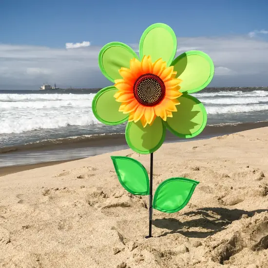In the Breeze 2702 - 12 Inch Green Sunflower Wind Spinner with Leaves - Colorful Flower for your Yard and Garden {2}