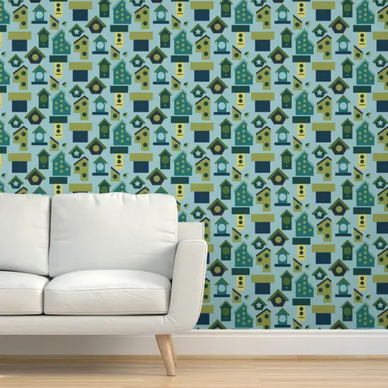 Peel & Stick Wallpaper 2FT Wide Birdhouse Colorful Cheerful Gardening Birding Teal Blue Green Custom Removable Wallpaper by Spoonflower {5}