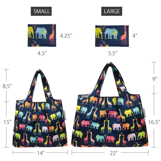 Wrapables Large & Small Foldable Tote Nylon Reusable Grocery Bags, Set of 2 Elephants & Giraffes {2}