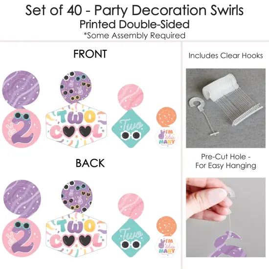 Big Dot of Happiness Two Cool - Girl - Pastel 2nd Birthday Party Hanging Decor - Party Decoration Swirls - Set of 40 {7}