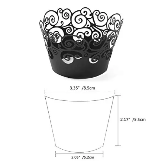 Cupcake Wrappers, KPOSIYA 50 Pack Cupcake Wraps Filigree Artistic Bake Cake Paper Cup Little Vine Laser Cut Liner Baking Cups Muffin Case Trays for Wedding Party Birthday Decoration (50, Black) {3}