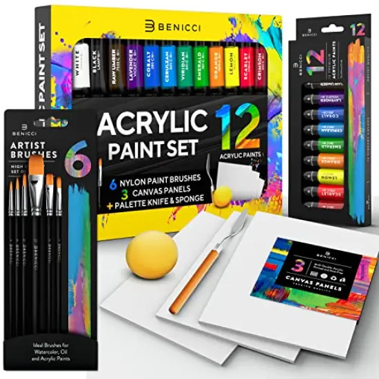 Acrylic Paint Set for Kids, Artists and Adults - 12 Vibrant Colors, 6 Brushes and 3 Paint Canvases - Perfect for Beginners or Professionals {6}