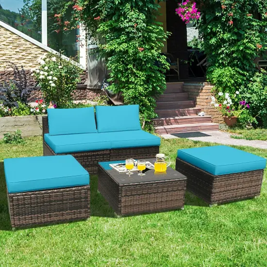 5 Pieces Patio Rattan Furniture Set With Cushioned Armless Sofa Turquoise {1}