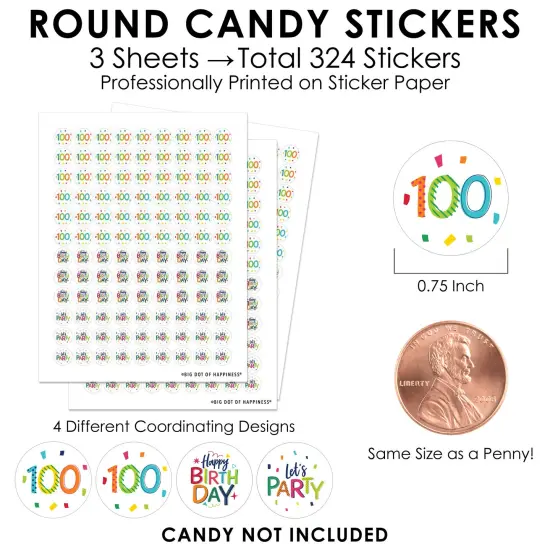 Big Dot of Happiness 100th Birthday - Cheerful Happy Birthday - Colorful Birthday Party Small Round Candy Stickers - Party Favor Labels - 324 Count {4}