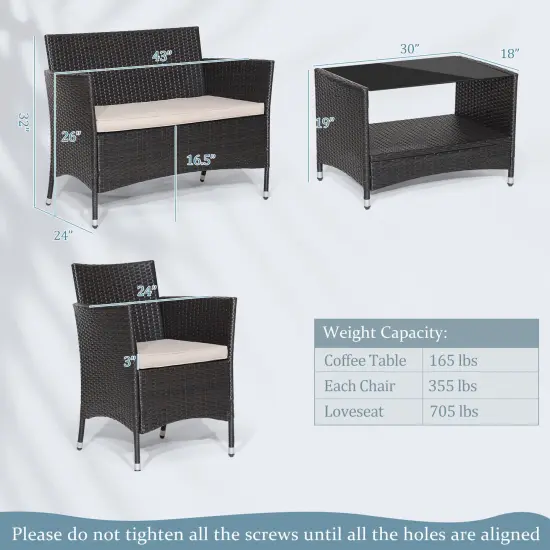 4 Pieces Patio Conversation Set with Soft Cushions and Tempered Glass Tabletop {5}