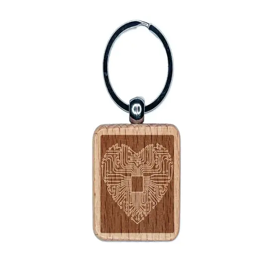 Computer Chip Circuit Board Heart Love Engraved Wood Square Keychain Tag Charm {1}