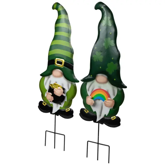 Northlight Pot of Gold and Rainbow St Patrick's Day Gnomes Outdoor Garden Stakes - 27.5" - Set of 2 Green {4}