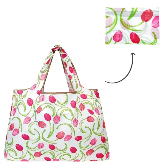 Wrapables Large Foldable Tote Nylon Reusable Grocery Bags Pink Tulips {3}