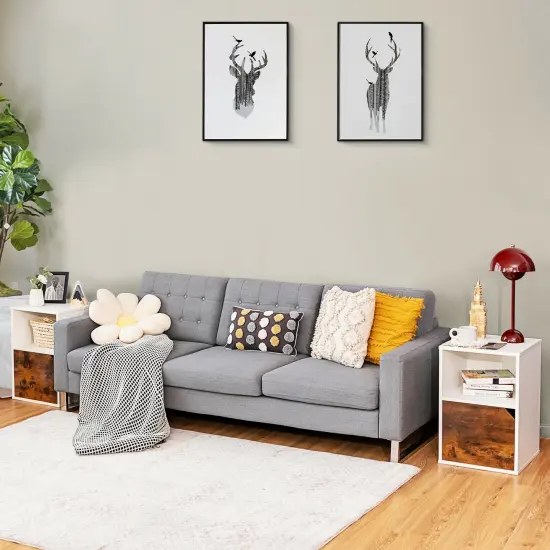 Set of 2 Side End Table Nightstands with Triangular Cut-Out Cabinet Door and Large Open Shelf White {4}