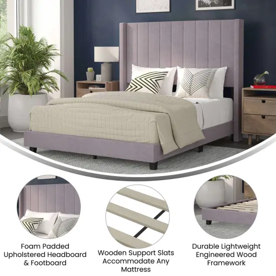 Merrick Lane Sana Modern Upholstered Platform Bed Frame with Padded, Tufted Wingback Headboard and Wood Support Slats, No Box Spring Required {2}