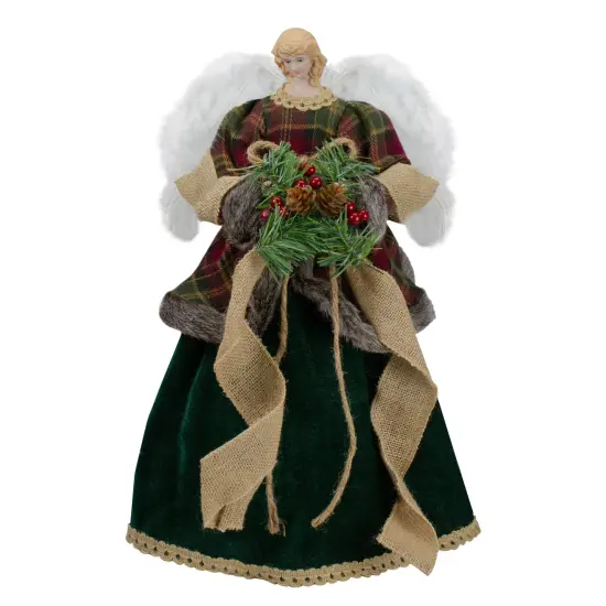 Northlight 18" Red and Green Angel in a Dress Christmas Tree Topper Accented with Holly Berries - Unlit {1}