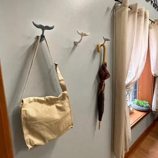 Set of 3 Cast Iron Nautical Whale Tale Wall Hooks {5}