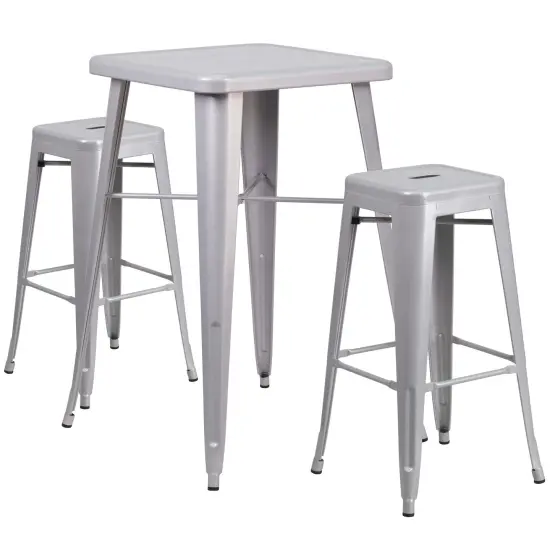 Emma and Oliver Commercial Grade 23.75" Square Metal Indoor-Outdoor Bar Set & 2 Backless Stools Silver {1}