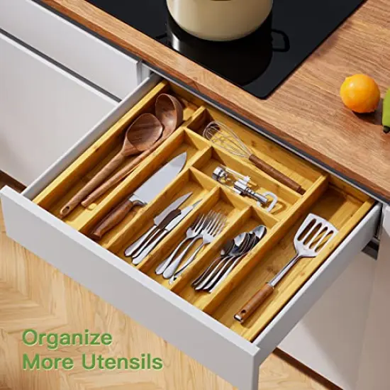 Bamboo Expandable Drawer Organizer for Utensils Holder, Adjustable Cutlery Tray, Wood Drawer Dividers Organizer for Silverware, Flatware, Knives in Kitchen, Bedroom, Living Room {6}