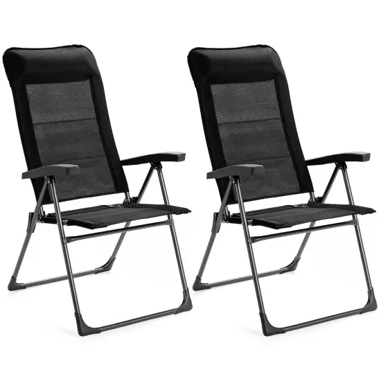 2 Pcs Portable Patio Folding Dining Chairs with Headrest Adjust for Camping -Black {1}