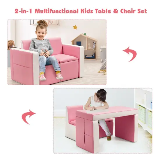 2 in 1 Multi-Functional Kids Sofa Table Chair Set with PVC Surface and Storage Box Under The Seat Pink {5}