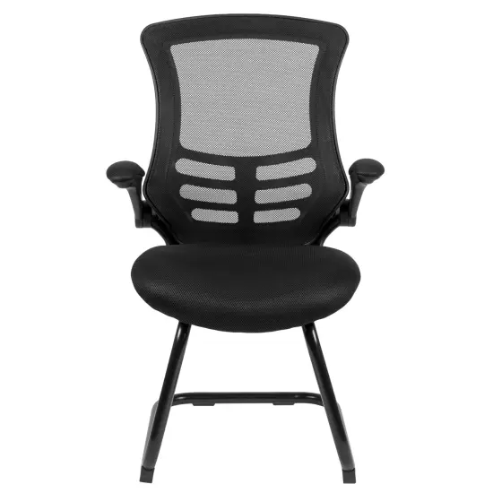 Emma and Oliver Mesh Sled Base Side Reception Chair with Flip-Up Arms-Office Waiting Room Black Mesh {3}