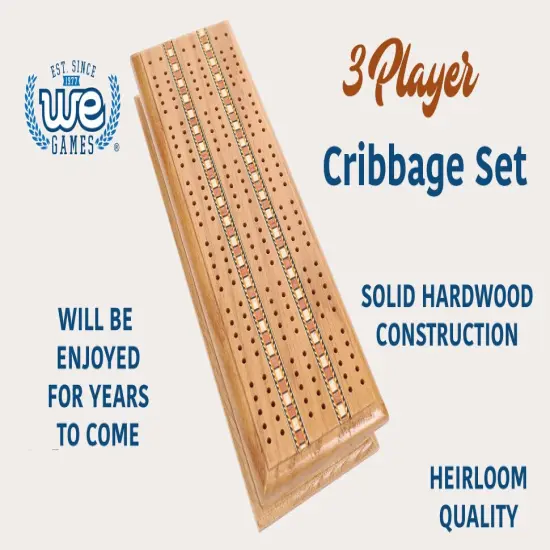 WE Games 3 Track Sprint Cabinet Cribbage Set with Metal Pegs & 2 Card Decks {3}