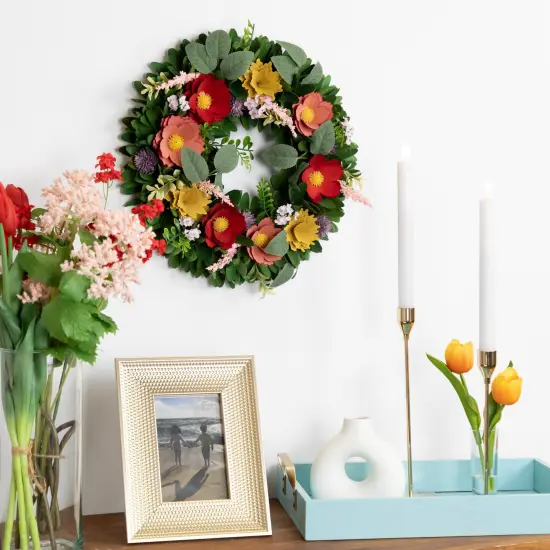 Northlight Wooden Mixed Floral and Foliage Artificial Spring Wreath - 13.75" Multi {3}