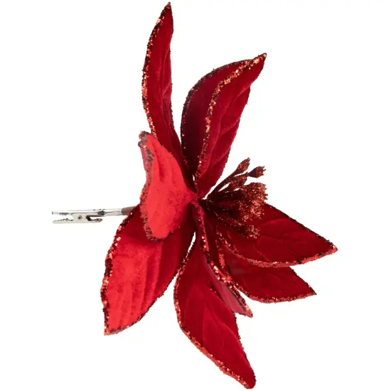 Northlight Glittered Poinsettia Christmas Floral Pick Clip-On Ornament - 10" - Red {4}