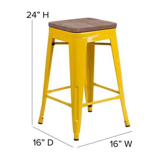 Merrick Lane Dalton Series Backless Metal Dining Stool with Wooden Seat for Indoor Use Black-Antique Gold {11}