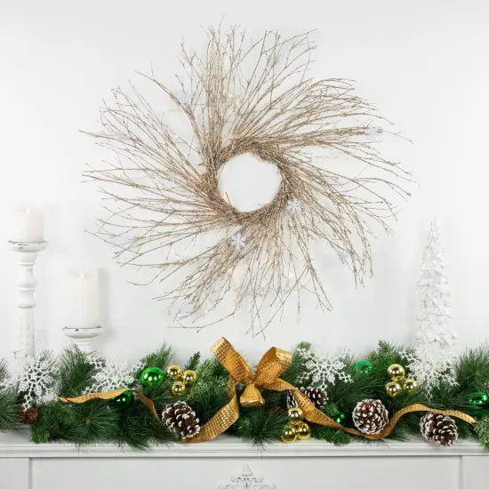 Northlight Pre-lit Glittered Twig and Snowflake Christmas Wreath - 28" - Warm White LED Lights Gold {3}