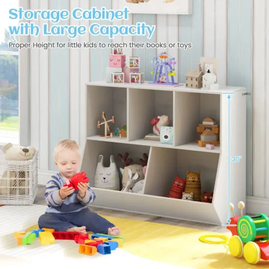 5-Cube Wooden Kids Bookshelf Organizer with 3 Upper Cubes for Books and 2 Large Cubes for Toys White {6}