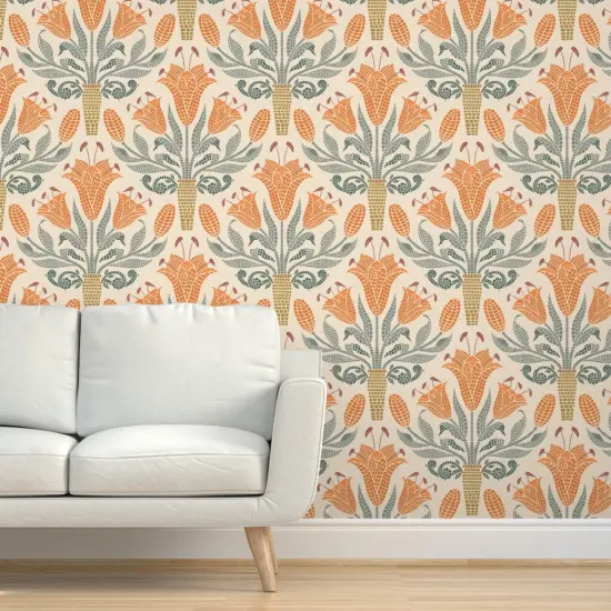 Pre-Pasted Wallpaper 2FT Wide Floral Orange Mosaic Tile Lily Roman Botanical Damask Meadow Large Scale Custom Pre-pasted Wallpaper by Spoonflower {5}