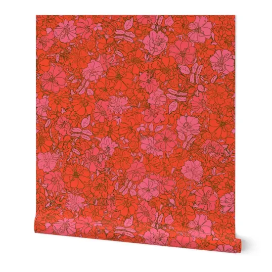 Peel & Stick Wallpaper 2FT Wide Red Floral Pink Retro Flowers Hand Drawn Small Scale Monochromatic Custom Removable Wallpaper by Spoonflower {7}