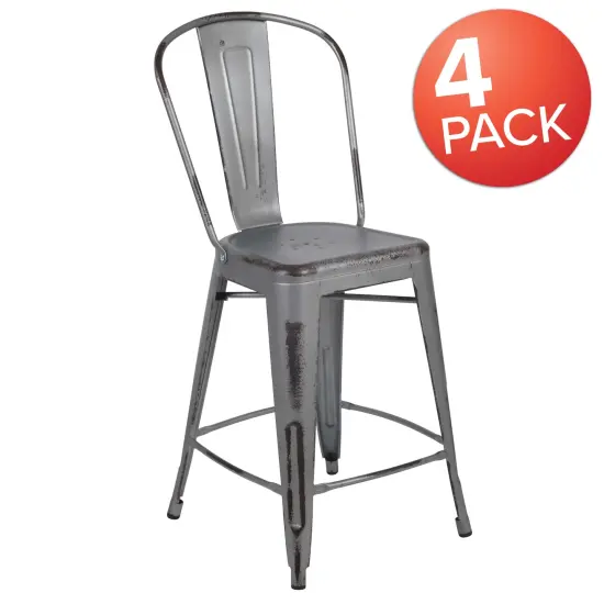 Emma and Oliver Commercial Grade 4 Pack 24" High Distressed Metal Indoor-Outdoor Counter Height Stool with Back Orange {10}