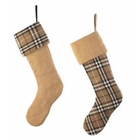 CC Christmas Decor Set of 2 Country Cabin Tan and Black Plaid and Burlap Christmas Stockings 20.5" Brown {1}