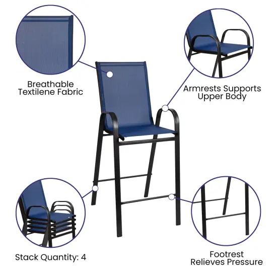 Emma and Oliver 5 Piece Outdoor Bar Height Set-Glass Patio Bar Table-All-Weather Barstools Navy {4}