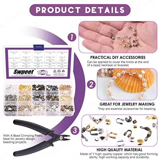 1501 Pieces 6 Colors 4 Styles Brass Tube Crimp Beads with Bead Crimping Pliers Kit, Including Brass Tube Crimp Beads & Crimp Beads Knot Covers & Wire Guardians & Iron Bead Tips Knot Covers {6}