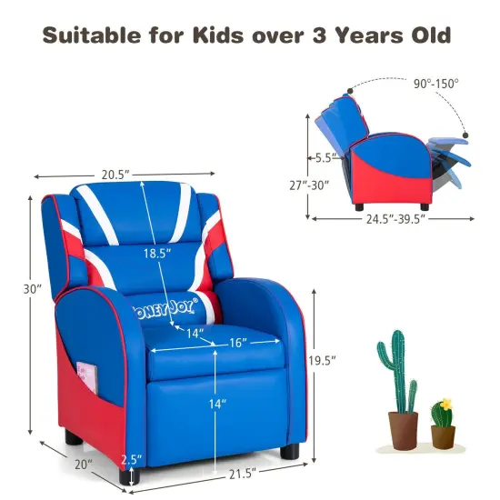 Kids Adjustable Recliner Chair with 2 Side Storage Pockets Ideal for Children Room or Home Theater Blue {3}