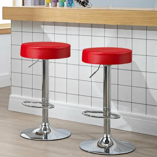 Set of 2 Height Adjustable Swivel Round Bar Stool with Stainless Steel Chrome Base Perfect for Seating in Any Room Red {6}