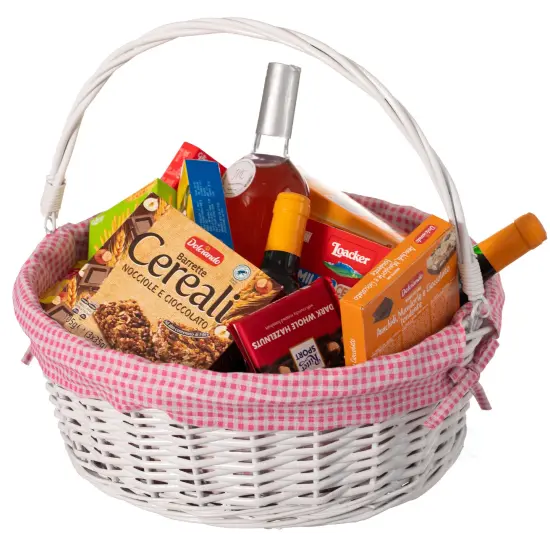 Traditional White Round Willow Gift Basket with Gingham Liner and Sturdy Foldable Handles, Food Snacks Storage Basket {4}