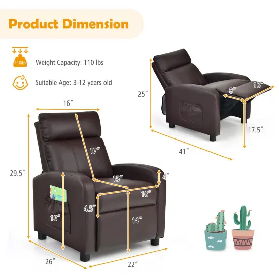 Ergonomic PU Leather Kids Recliner Lounge Sofa for 3-12 Age Group Brown {4}