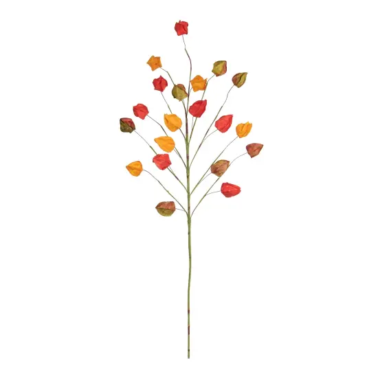 30" Artificial Floral Pick Chinese Lantern Stem Pick Featuring Yellow Red and Green Leaves {1}