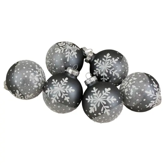 Northlight Snowflake Glass Christmas Ball Ornaments - 4" (101mm) - Gray and White - 6ct {1}