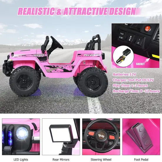 12V Kids Ride-on Jeep Car with 2.4 G Remote Control and LED Light Effects Pink {5}