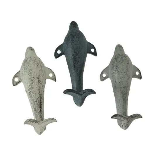 Set of 3 Colorful Coastal Cast Iron Dolphin Decorative Wall Hooks 5 inch {3}