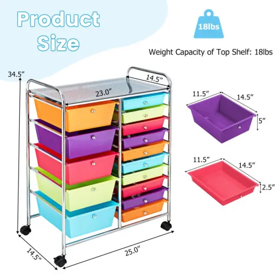 15-Drawers Multi-Use Rolling Storage Organizer Cart with Chrome Finish Steel Frame Perfect for Any Room Multicolor {6}