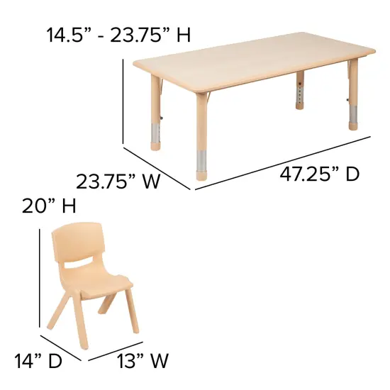 Emma and Oliver 23.625"W x 47.25"L Rectangular Plastic Height Adjustable Activity Table Set with 4 Chairs Natural {5}