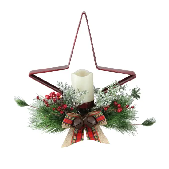 Gerson 15" Battery Operated Green and Red Christmas Pine Needle Candle Holder {1}